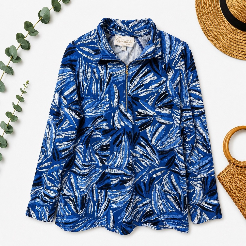 Pappagallo Womens Blue Tropical Palm Leaf Quarter Zip Pullover Top Size XL